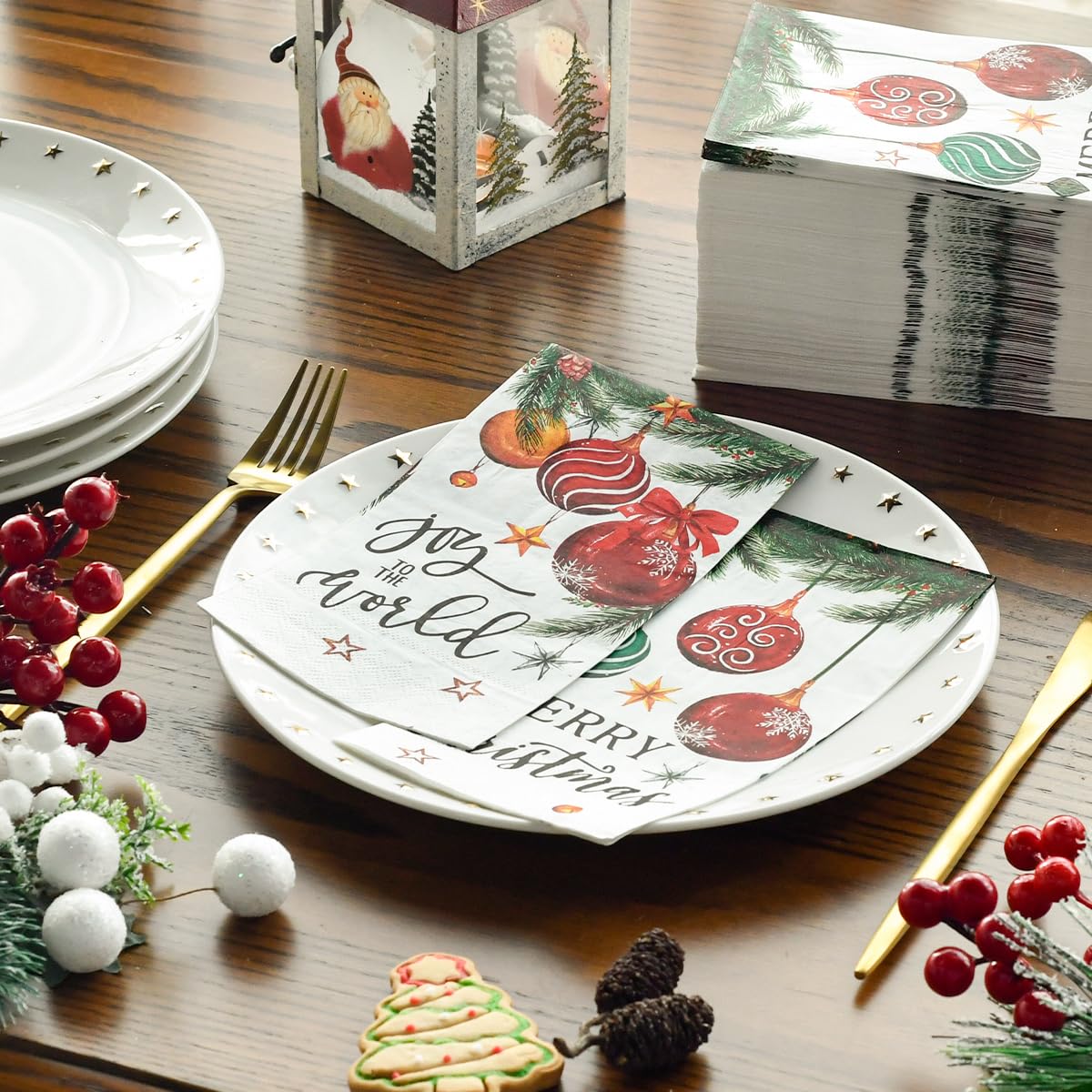 Horaldaily 100 Christmas Disposable Paper Decorative Guest Napkins, Xmas Balls for Party Lunch Dinner Kitchen Bathroom Horaldaily