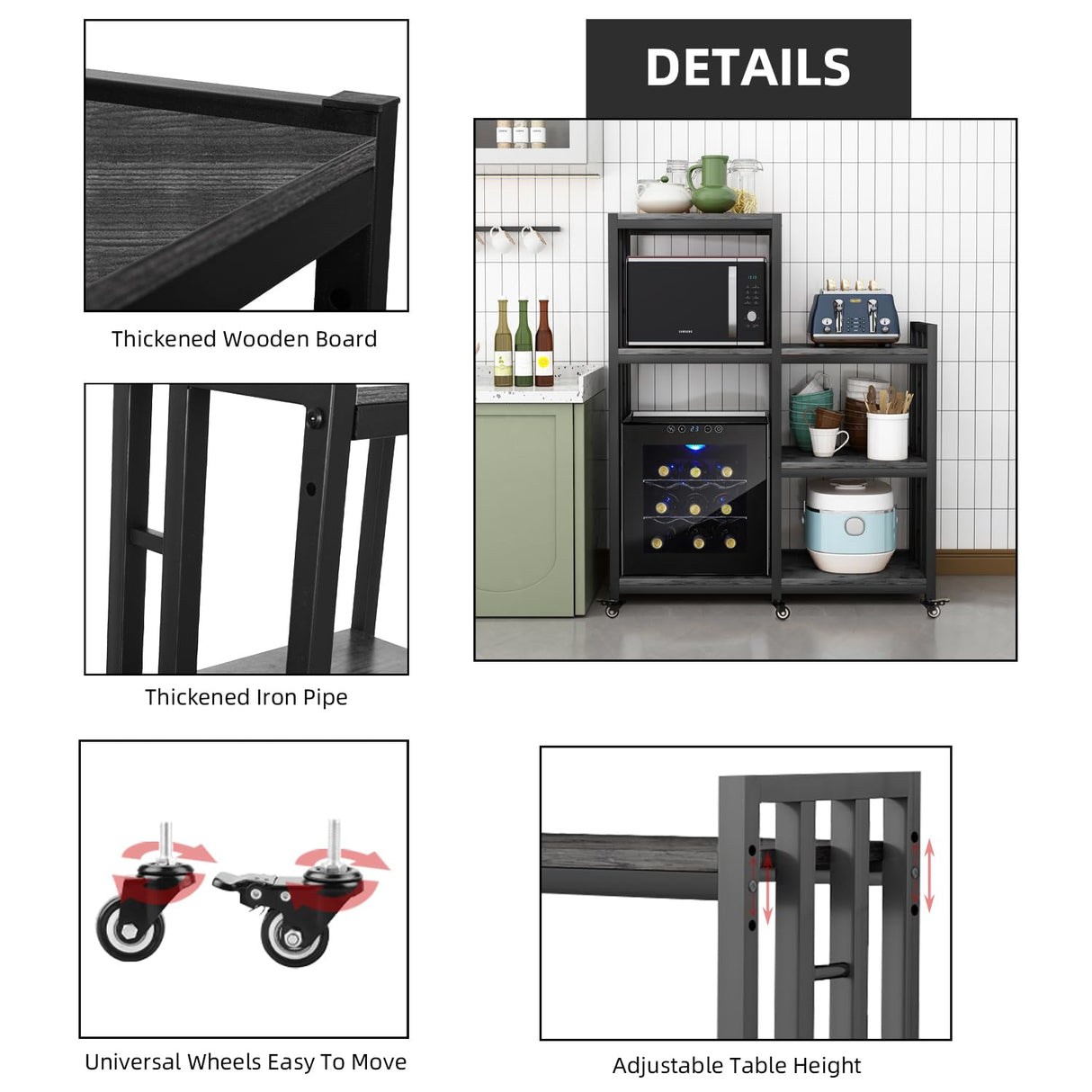 6-Tier Kitchen Bakers Rack, Multifunctional Storage Shelf, Mini Fridge & Microwave Oven Stand Table, Coffee Bar, Adjustable Kitchen Shelves Freestadning (Charcoal Black Wood Grain Print with wheels) YCHF