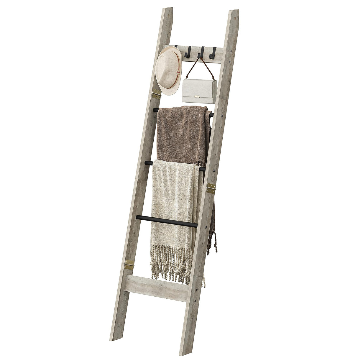 Hzuaneri Blanket Ladder Shelf for Living Room, Decorative Quilt Rack with 4 Removable Hooks, 5-Tier Farmhouse Ladder Holder Organizer for Bedroom, Greige and Black BR02105B Hzuaneri
