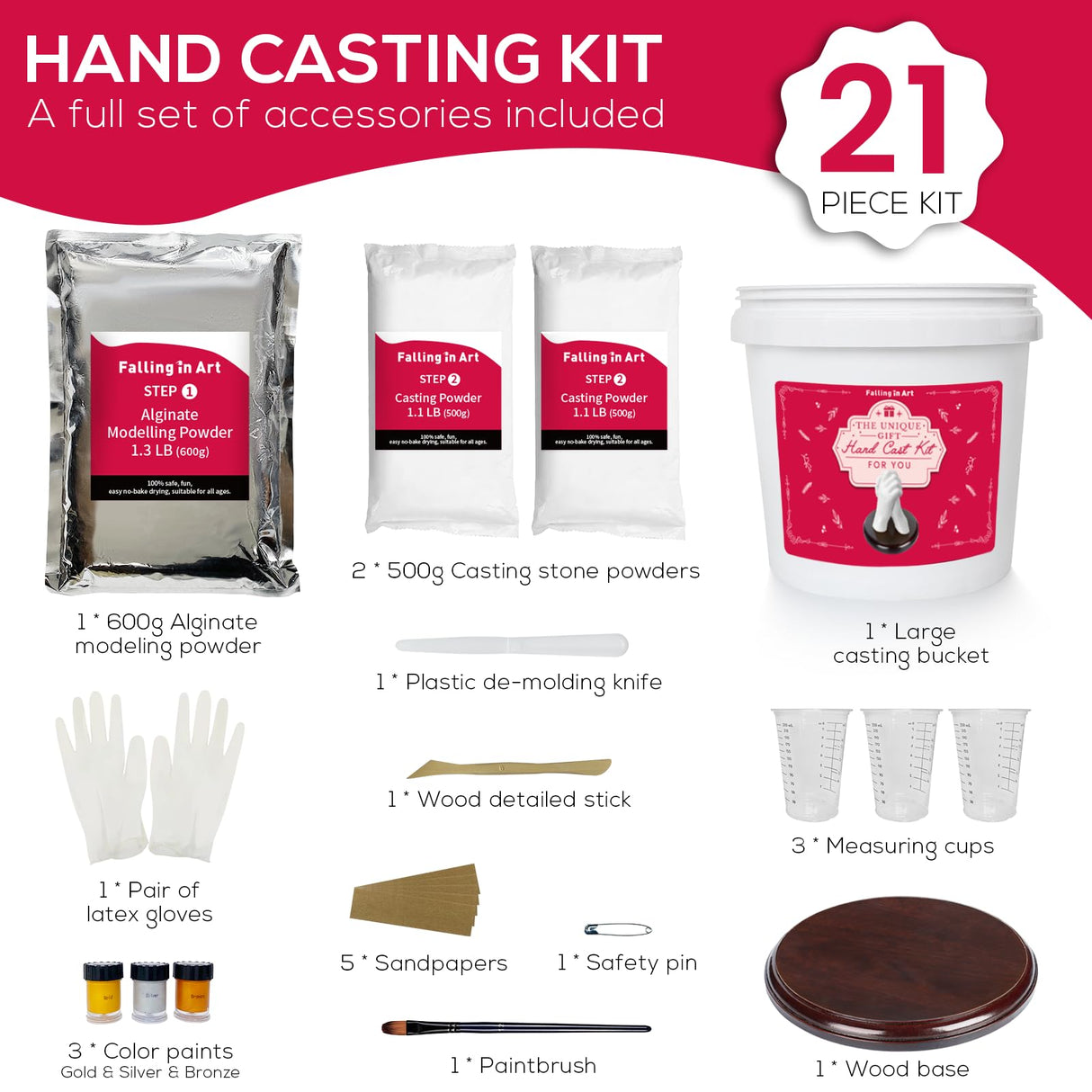 Falling in Art Hand Casting Kit Couples - Keepsake Plaster Hand Mold Kit for Family, Kids, Adults with Large Bucket, Gloves, Powder Materials, Color Paints, Wooden Base Falling in Art