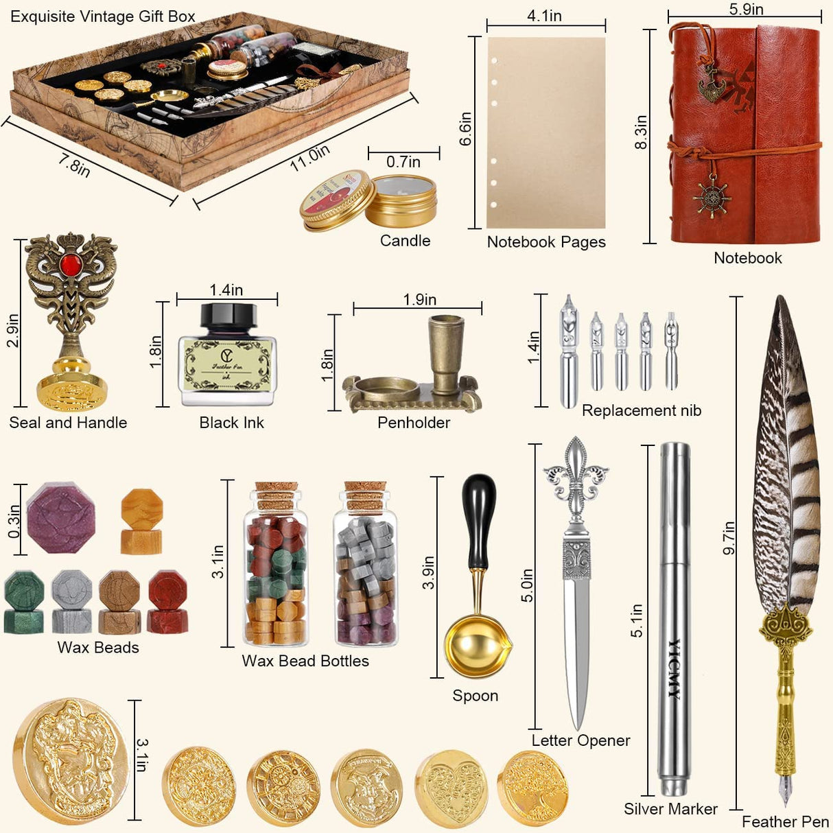 YICMY Feather Pen Pheasant Quill Pen and Ink Set,Caligraphy Kits for Beginners, Feather Pen and Ink Set With Leather Journal Notebook,Wax Seal Kit,7 Wax Seal Stamp Heads,Calligraphy Pens for Gift YICMY