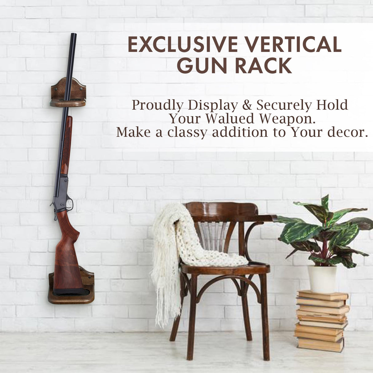 TESLYAR Gun Rack Holder Wall Mount Hold Up Displays Vertical Gun Rack and Shotgun Hooks Store Rifle Shotgun Bow Real Hardwood Hanger Brown TESLYAR