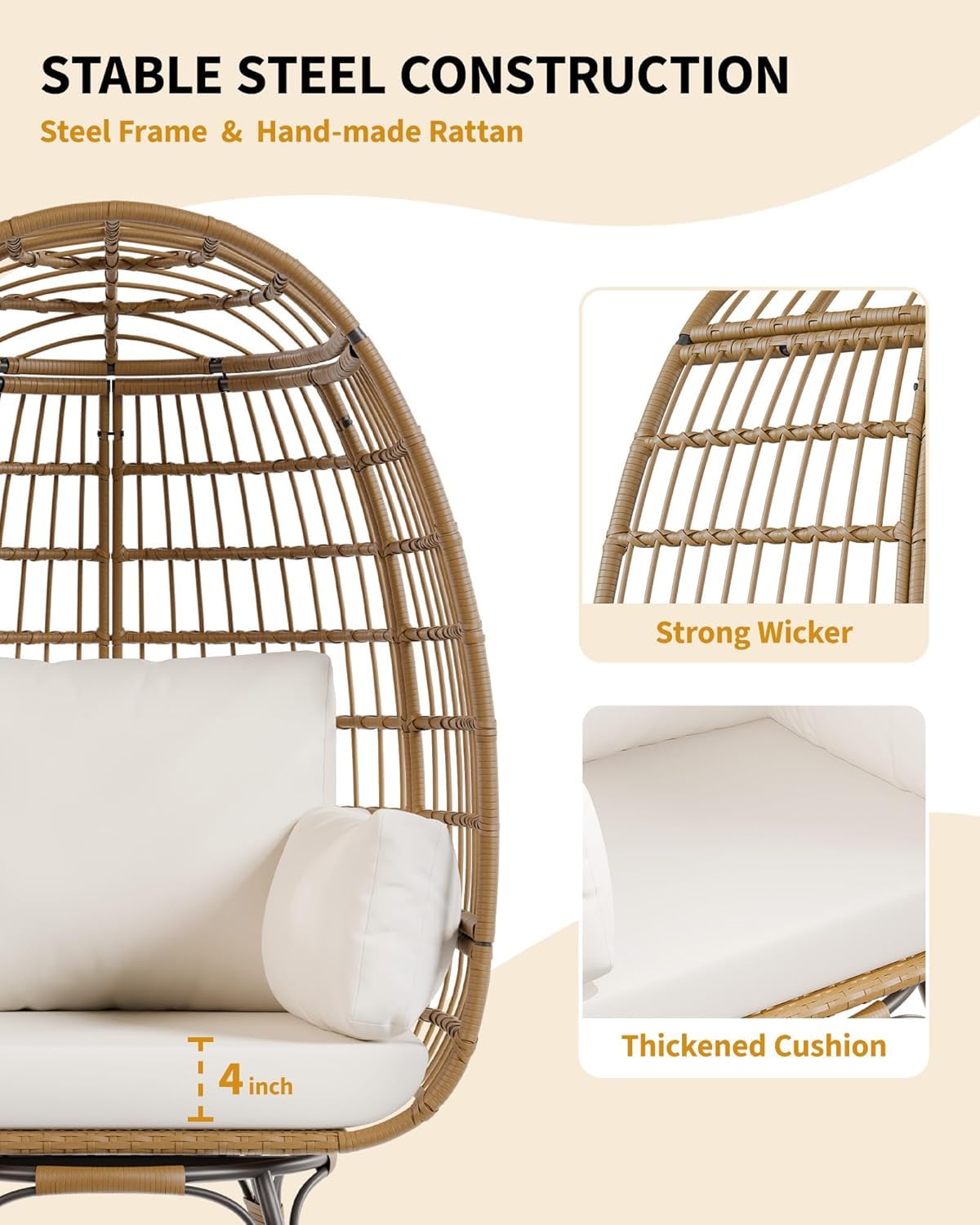 FinerFurnis Outdoor 360° Swivel Egg Chair - Oversized Egg-Shaped Lounge Chair, Steel Frame, 4 Thick Cushions, Patio Rotating Wicker Egg Basket, Indoor Outdoor Porch Living Room, Beige FinerFurnis