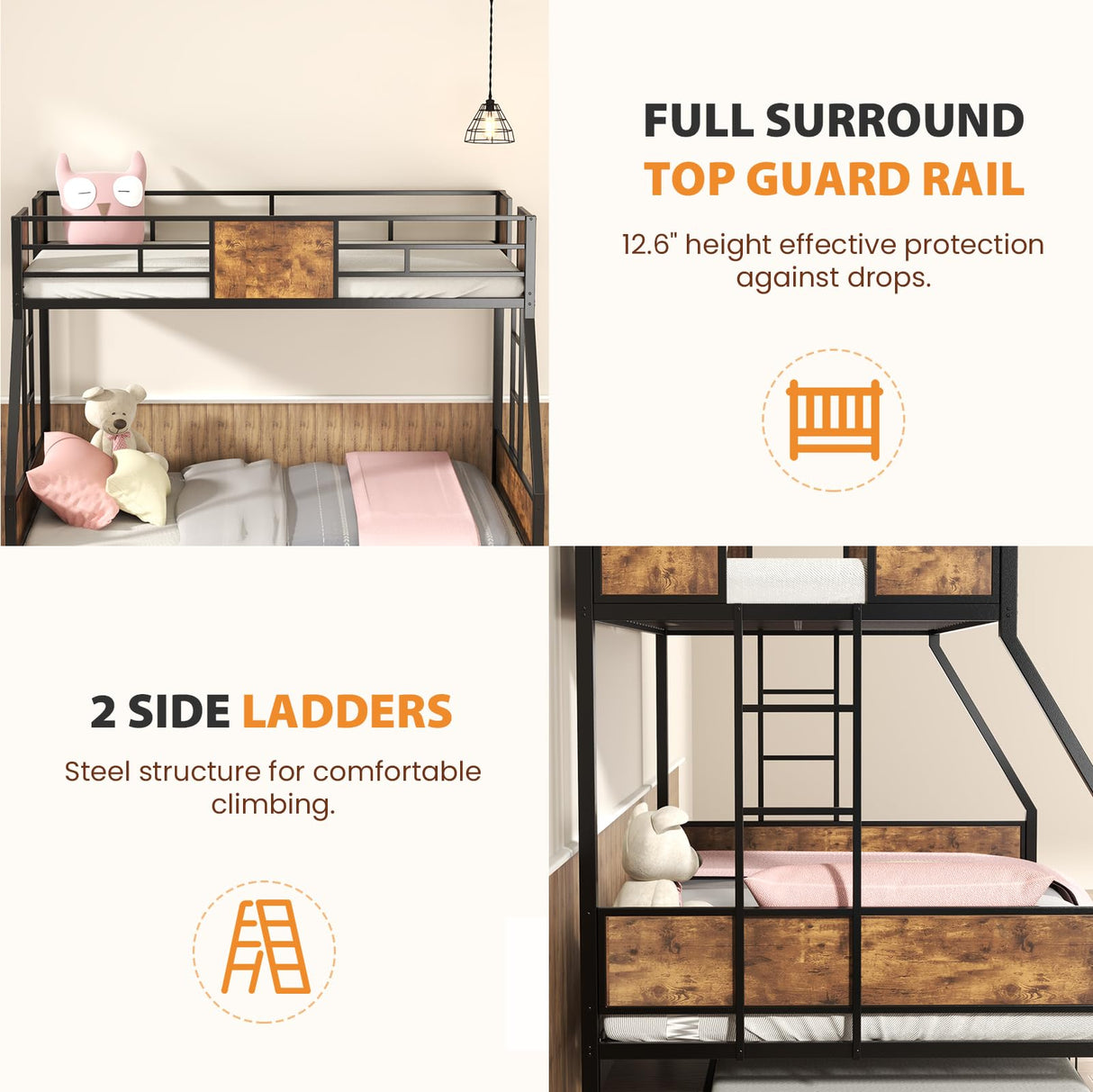 Zevemomo Twin Over Full Bunk Bed with Trundle, Metal Triple Bunk Bed with Full Length Protect 2 Side Ladders Bed Frame for Boys Girls Adults, No Box Spring Needed, Black Zevemomo