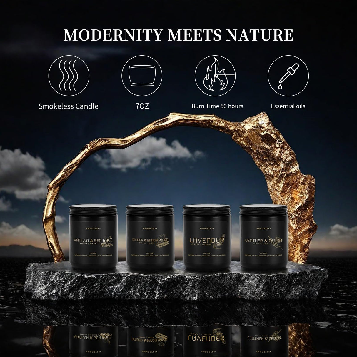 AMMORZEEF 4 Pack Manly Scented Candles for Men Soy Candle Set for Home Wood Wick Aromatherapy Candles for Relaxation Scented Leather Cedar/Lavender/Amber Sandalwood/Vanilla Candles AMMORZEEF