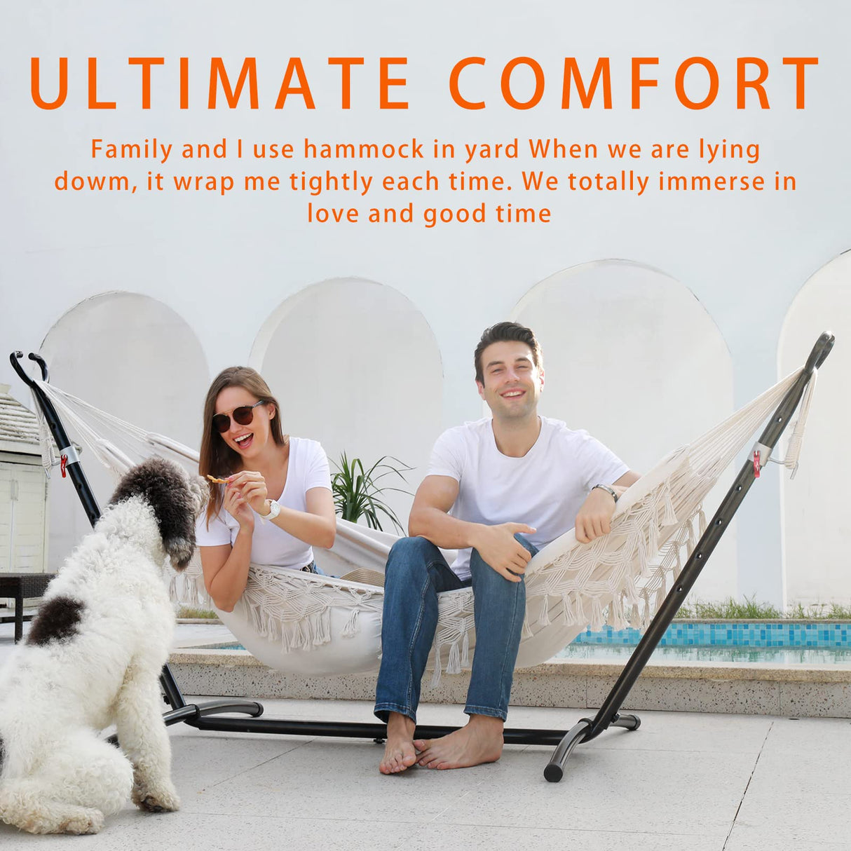 SXSEAGLE Double Hammock with Stand Upgraded Phone Holder Portable Heavy Duty Stainless Steel Indoor Outdoor Patio Yard Beach with Carrying Case (2022 Beige) SXSEAGLE