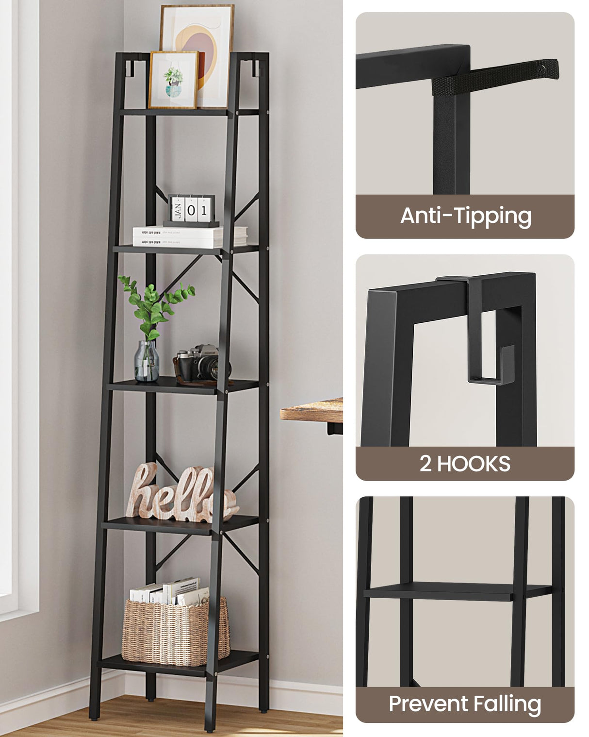 Hzuaneri Ladder Shelf, Bookshelf Bookcase, Freestanding Corner Storage Shelve with 2 Hooks for Home Office, Living Room, Kitchen, Bedroom, Industrial, 5-Tier Black BC03204B Hzuaneri