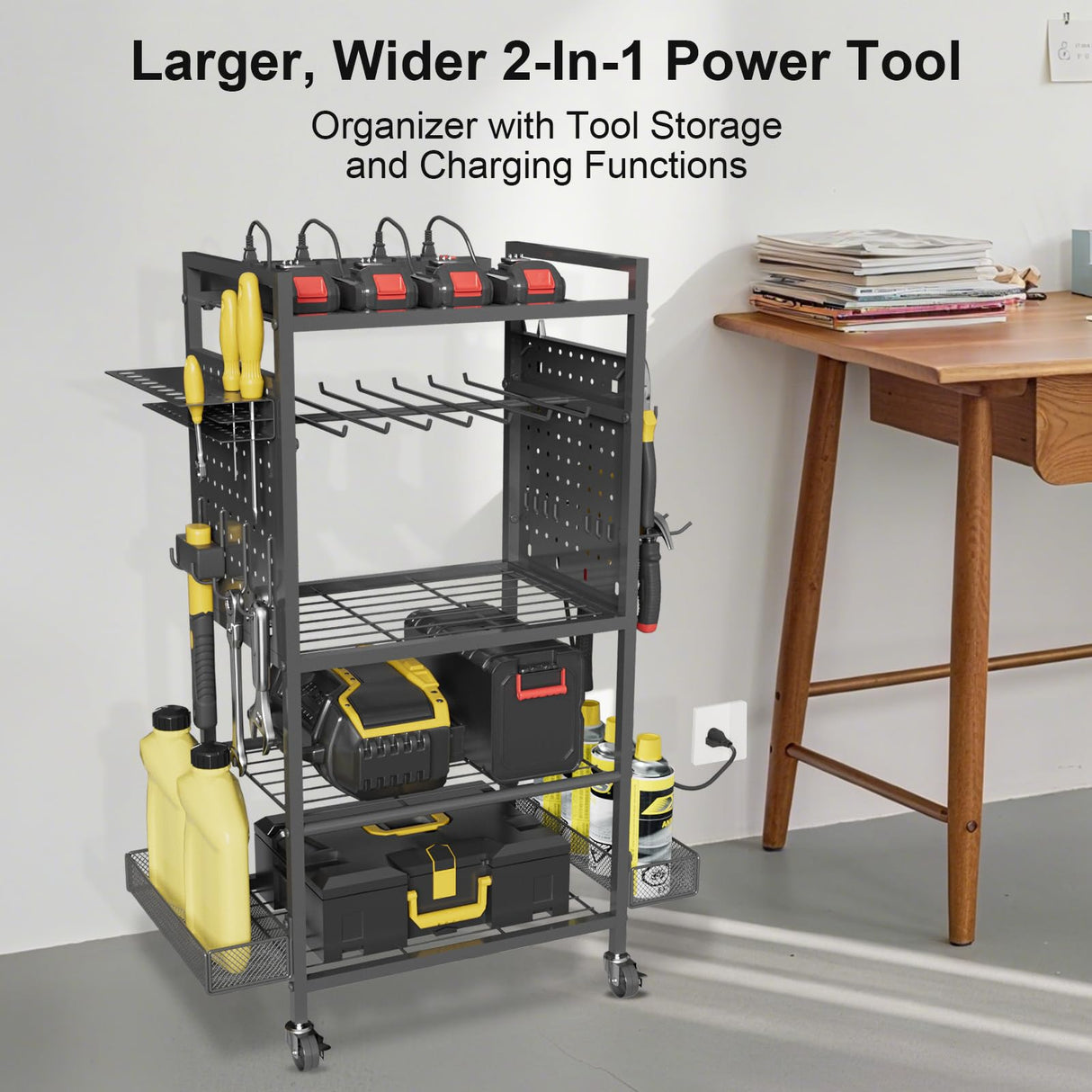 Power Tool Organizer Cart with Charging Station, Heavy Duty Garage Tool Organizer Rolling Tool Battery Storage with 8-Outlet Power Strip, 4 Wheels, 2 Hanging Baskets, 8 Hooks, Drill Bit Holder, Black NEYCIL