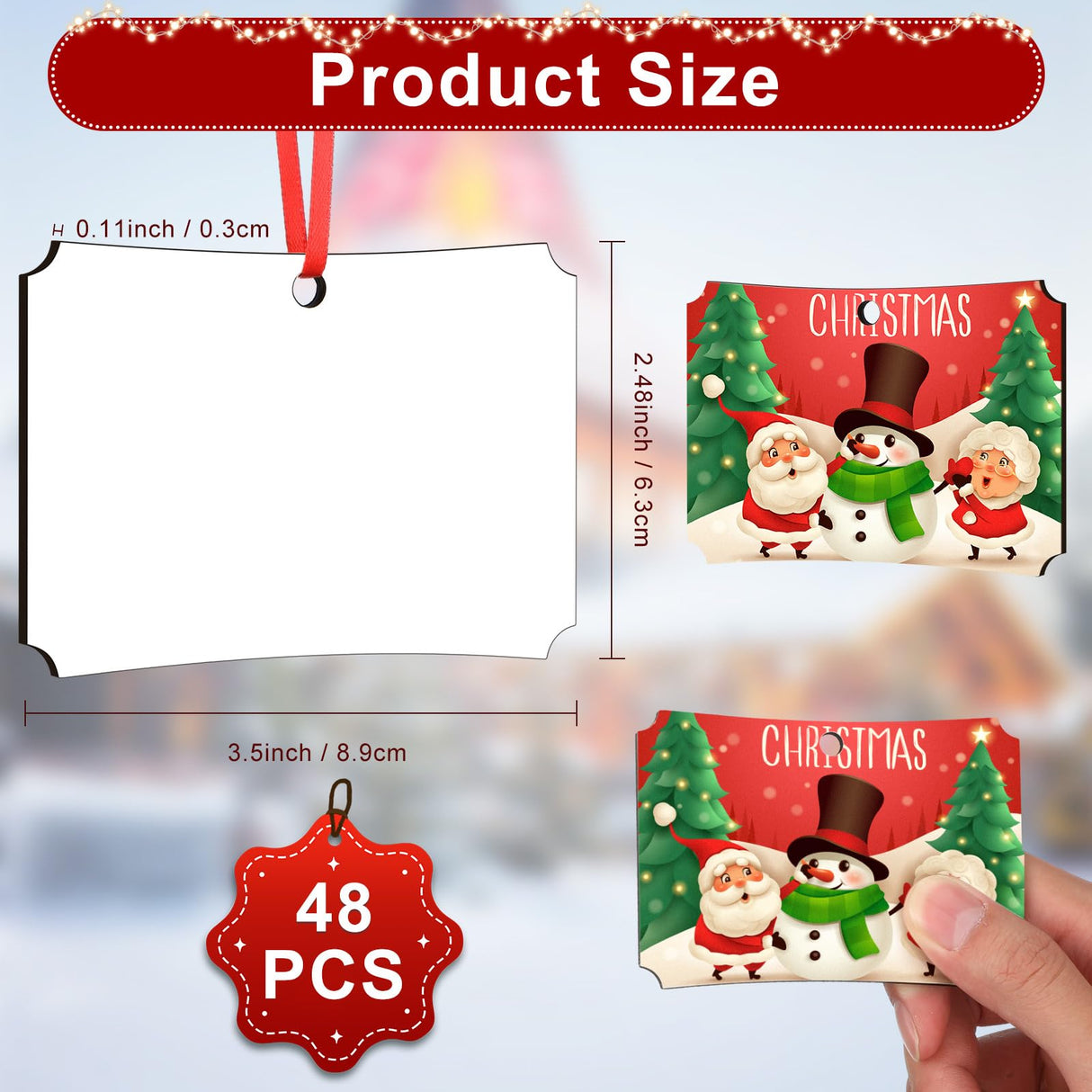 Zeyune 48 Pcs Christmas Sublimation Ornament Blanks 3.5"x2.48" Rectangle Double Sided Blanks Christmas Hanging Ornament Blank Personalized Sublimation Blank with Rope DIY for Christmas Tree Decoration Zeyune