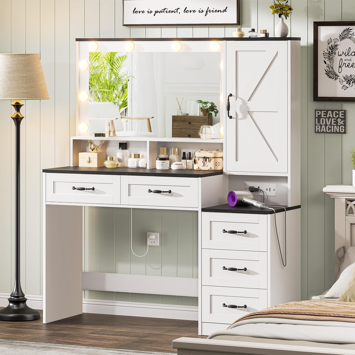 DDONGMM Farmhouse Vanity Desk Makeup Table with Mirror and 10 Lights, 45.3" Large Vanity Desk with Power Outlet, 5 Drawers, 1 Cabinet & 9 Jewelry Hooks, Dressing Table for Women Girls White & Black DDONGMM