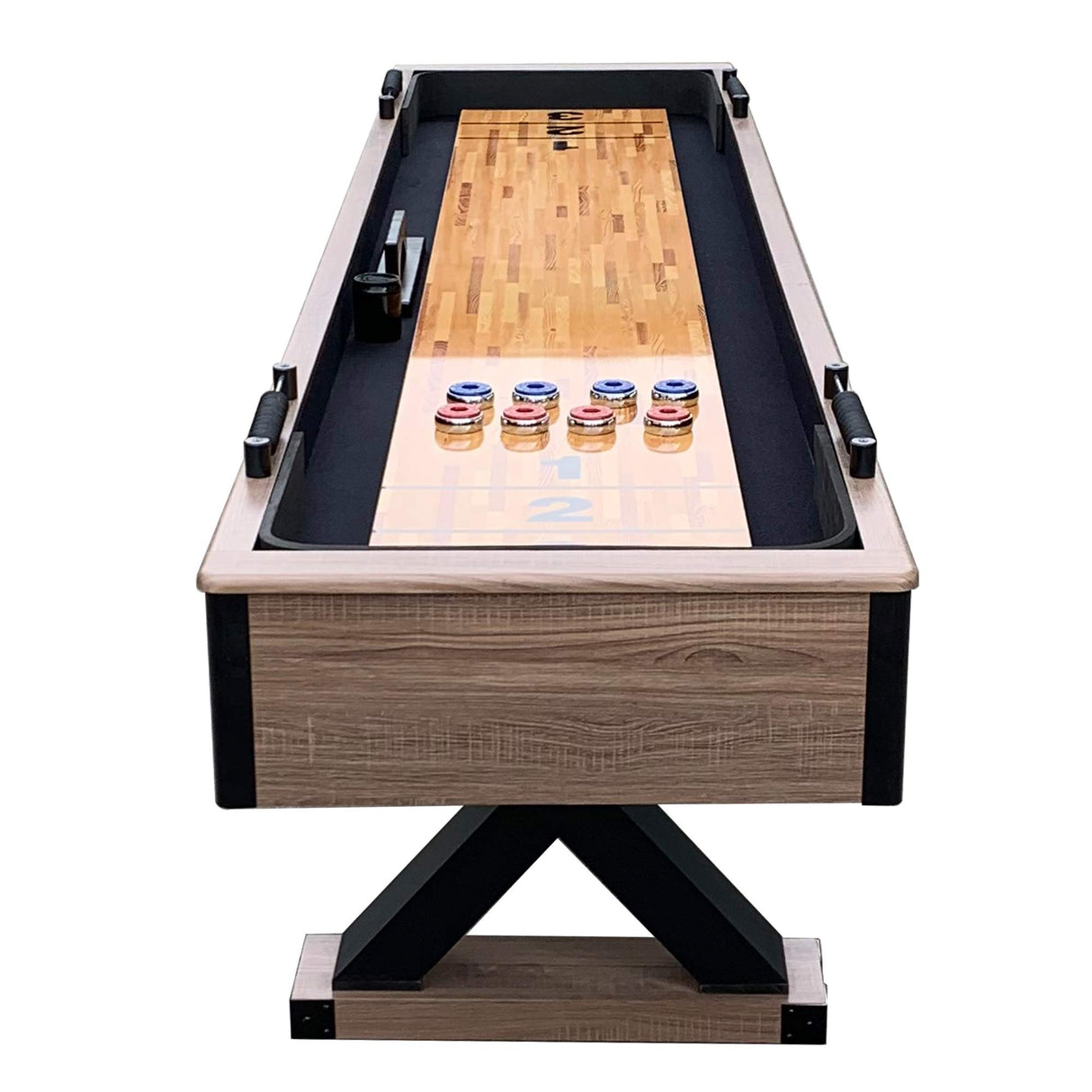 Hathaway Excalibur 9-Ft Shuffleboard Table for Great for Family Recreation Game Rooms, Designed with a Rustic Driftwood Finish with Built-In Leg Levelers, Includes 8 Pucks, Table Brush and Wax Hathaway
