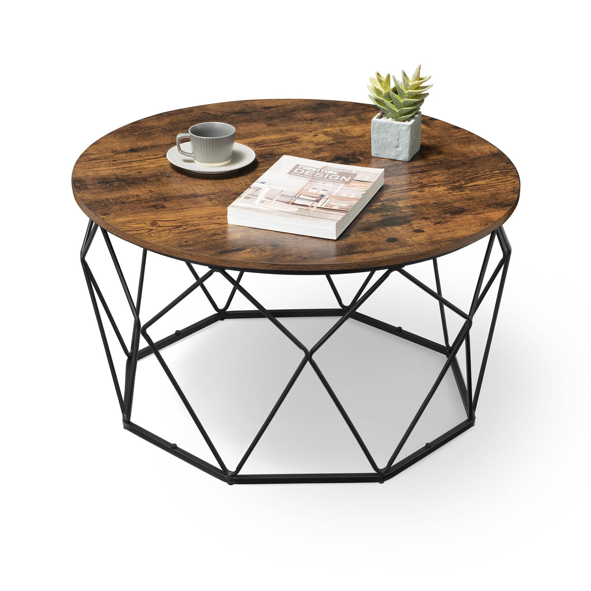 VASAGLE Round Coffee Table for Living Room, Cage Cocktail Table with Steel Frame, 31.5 Inches Dia., Industrial Style, Rustic Brown and Black ULCT040B01 VASAGLE
