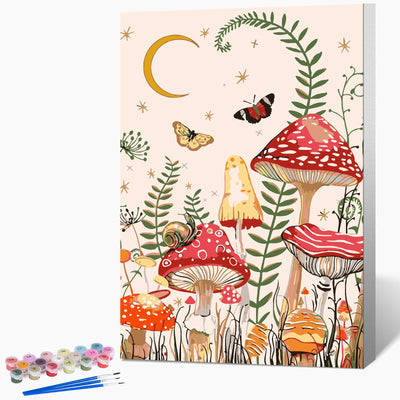 Framed Paint by Numbers Kit for Adults Beginner & Kids Ages 8-12, Moon Mushroom Forest Paint by Number with Frame, Easy Acrylic Butterfly Painting by Numbers Kit on Canvas 8x12 inch