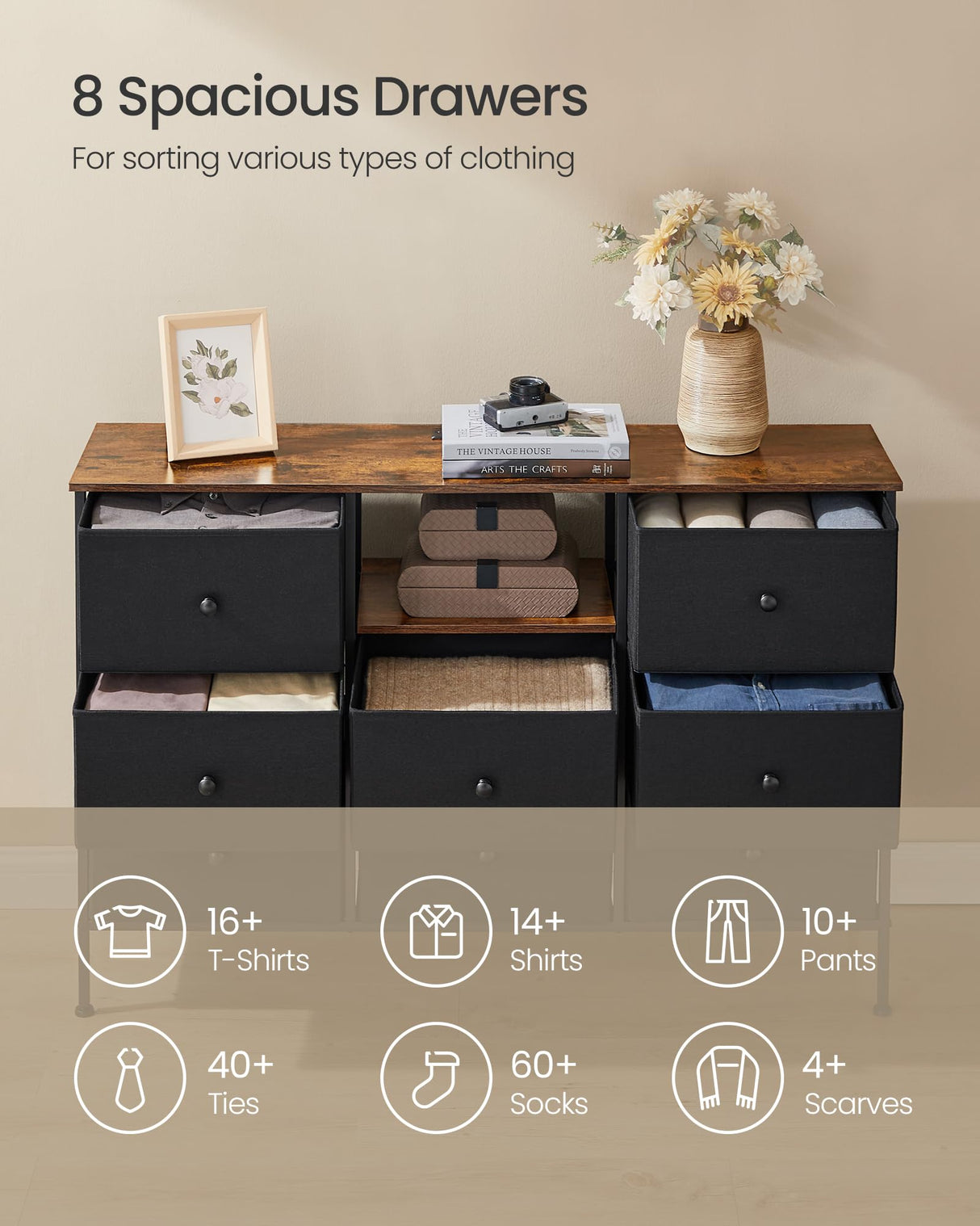 SONGMICS Dresser with Power Outlets and LED Lights, Fabric Chest of Drawers, 25 Colors, 8 Drawers, TV Stand for up to 60 Inch TVs, 11.8 x 47.2 x 31.3 Inches, Ink Black and Rustic Brown ULTS518B01 SONGMICS