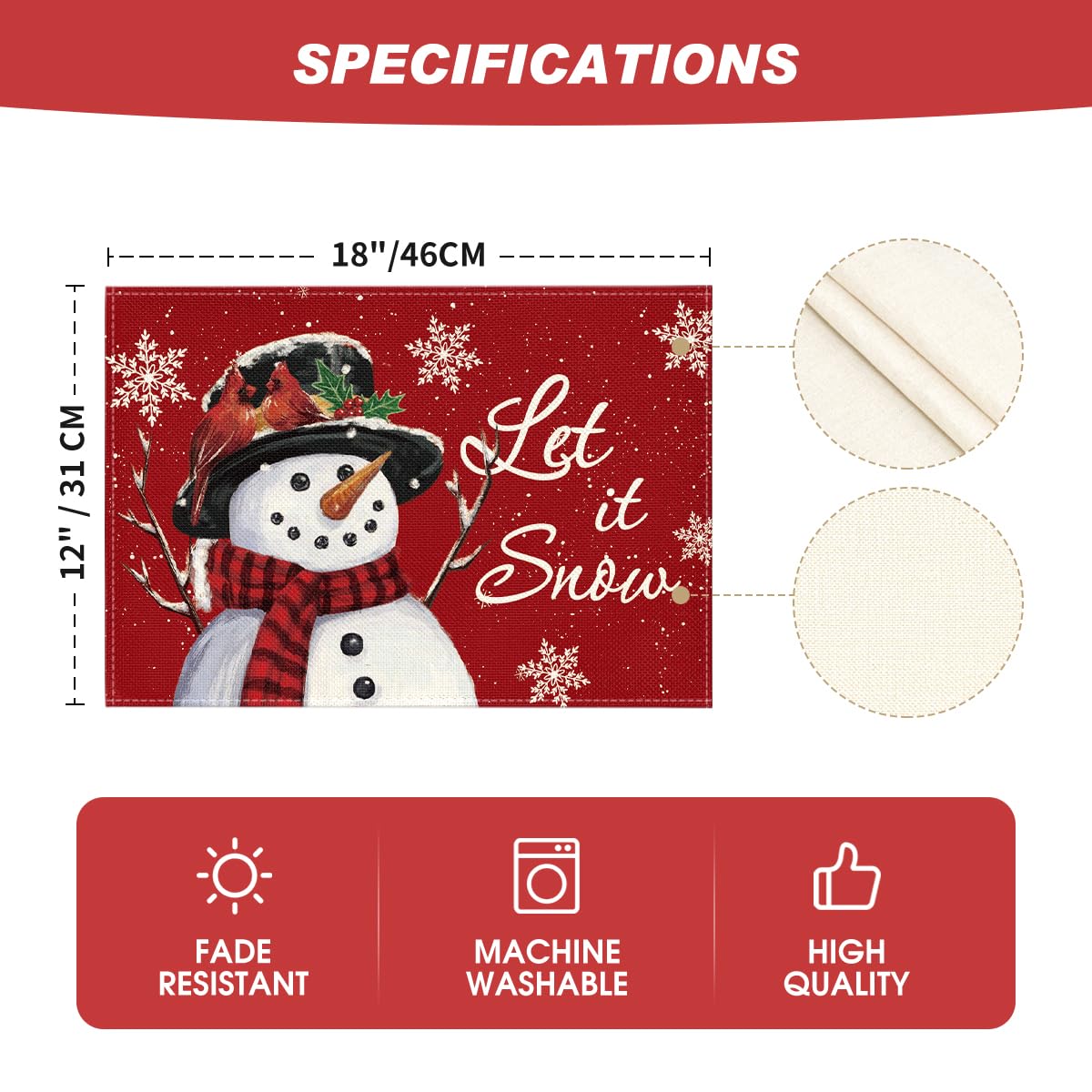 Artoid Mode Red Snowman Let It Snow Winter Placemats Set of 4, 12x18 Inch Seasonal Christmas Holiday Table Mats for Party Kitchen Dining Decoration Artoid Mode