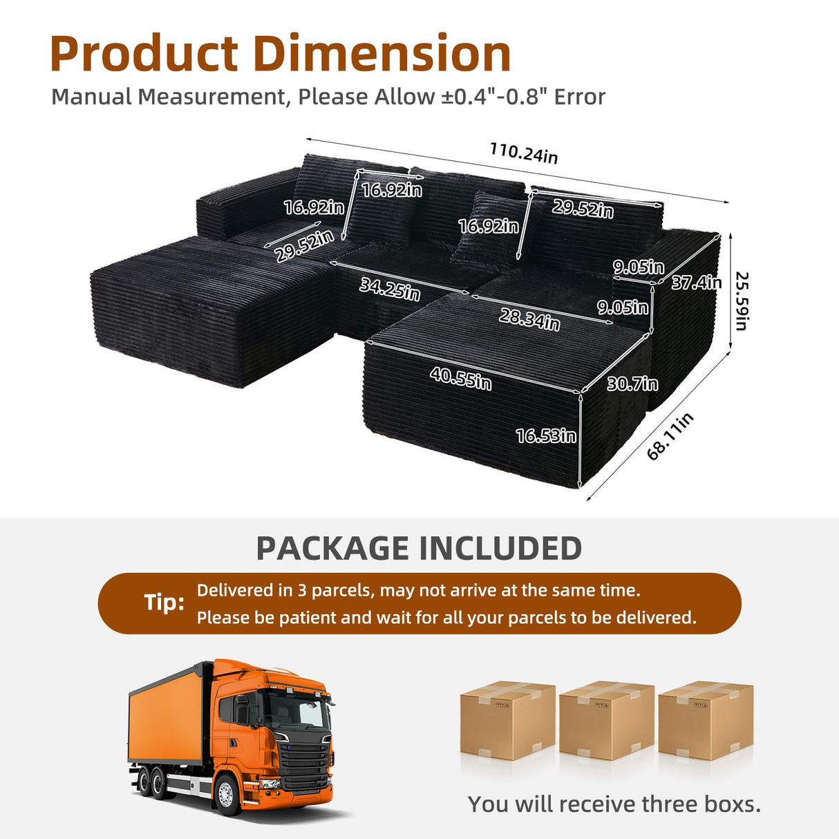 NNSNG 110" U Shaped Boneless Couches for Living Room with 2 Movable Ottomans,5 Seats Modular Cloud Sectional Couch Sofa(Black) NNSNG