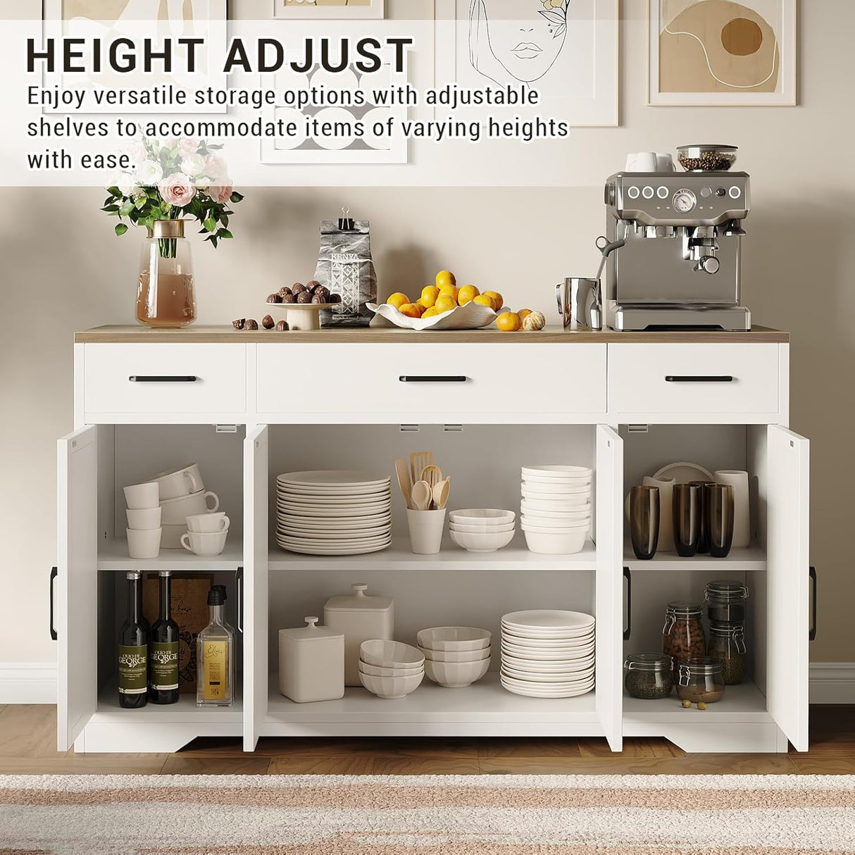 PeacefulHues Modern Buffet Sideboard Kitchen Storage Cabinet with 3 Drawers, 55" Large Farmhouse Buffet Cabinet with Shelves and Doors, Wood Coffee Bar for Living Room Dining Room Hallway White PeacefulHues