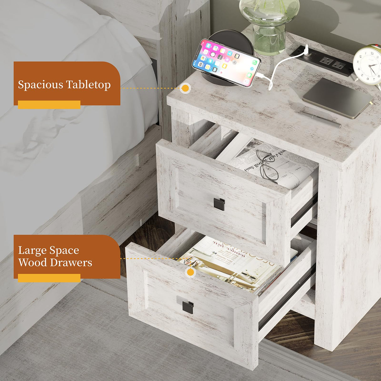 AMERLIFE Large Nightstand Set of 2 with Charging Station, Bedside Table with USB Ports and Outlets, Farmhouse Wood End Table for Bedroom, Living Room, Distressed White AMERLIFE
