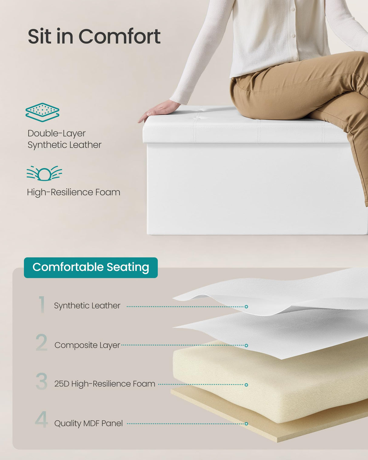 SONGMICS MAZIE Collection - 43 Inches Folding Storage Ottoman Bench, Ottoman with Storage, Foot Rest Stool, Load 660 lb, for Living Room, Synthetic Leather, White ULSF702 SONGMICS