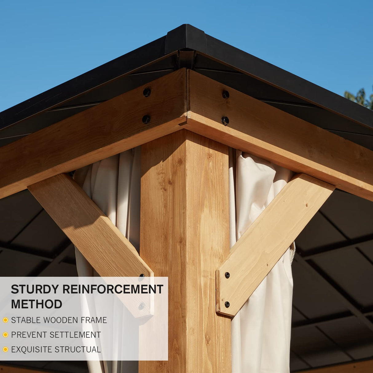 YOLENY 11' x 13' Spruce Wood Gazebo, Outdoor Hardtop Gazebo with Privacy Curtains and Mosquito Netting for Patio, Garden, Backyard YOLENY