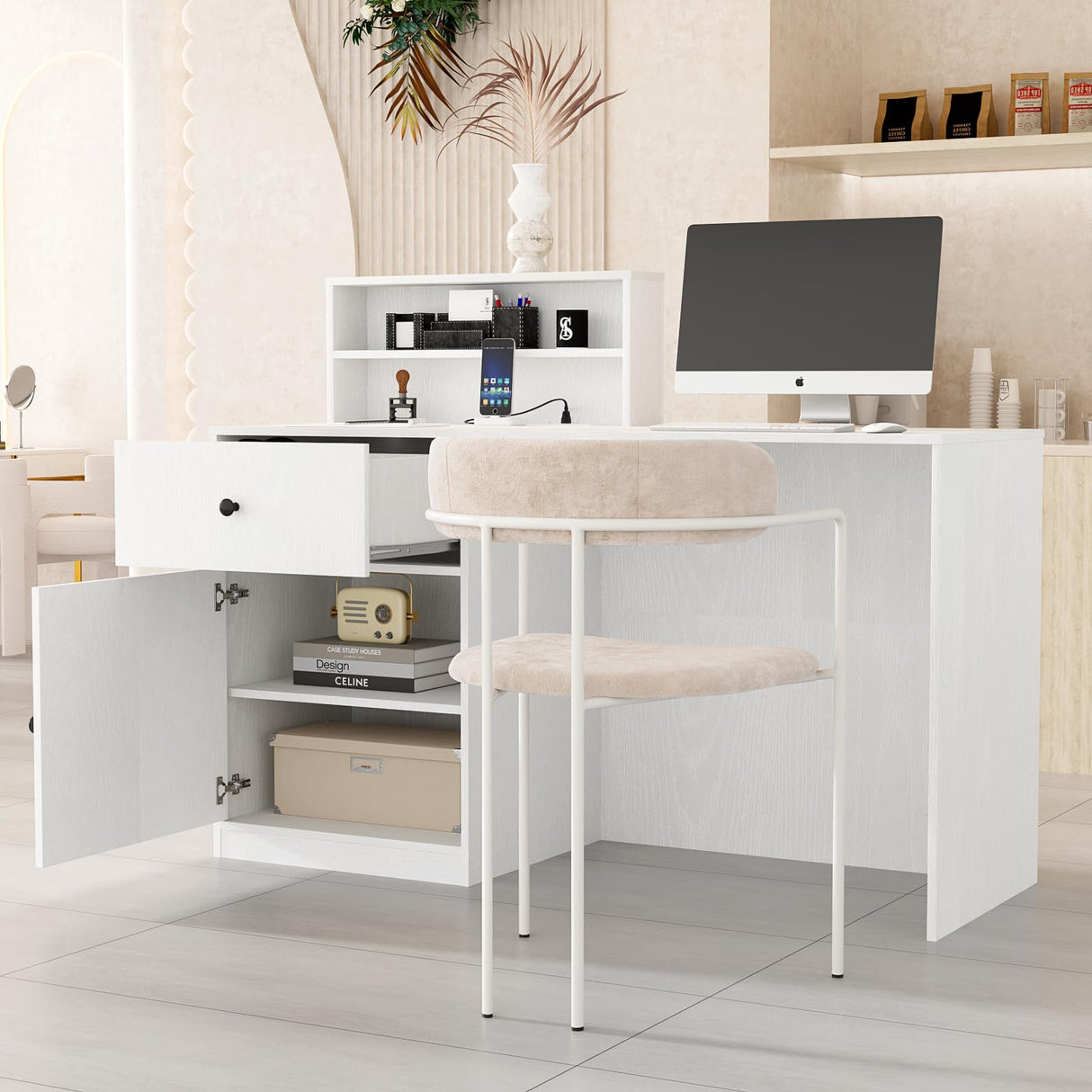 TUSY Small Reception Desk with Counter, 39.4" H Front Desk with Storage Drawers, Reception Counter with LED Lighting, Checkout Counter for Salon, Lobby – White (47.2" W x 18.9" D x 39.4" H) TUSY