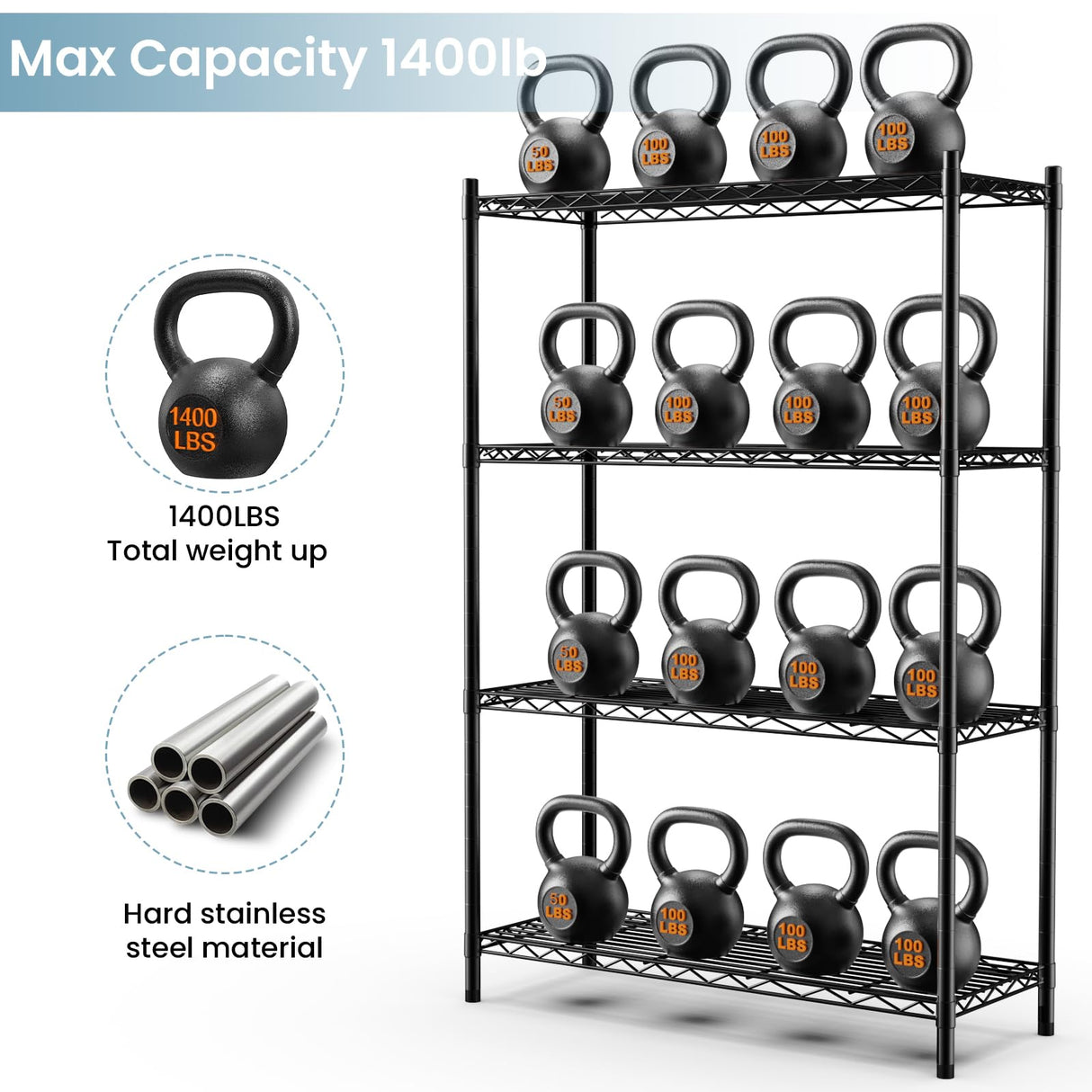 Whitmor 4 Tier Shelving Unit, Metal Storage Shelves, Adjustable Heavy Duty Shelf with Wheels , 400 lbs Capacity per Shelf, 1600 lbs Total for Home, Garage, Workshop, 36"L x 14"W x 54"H, Black Whitmor