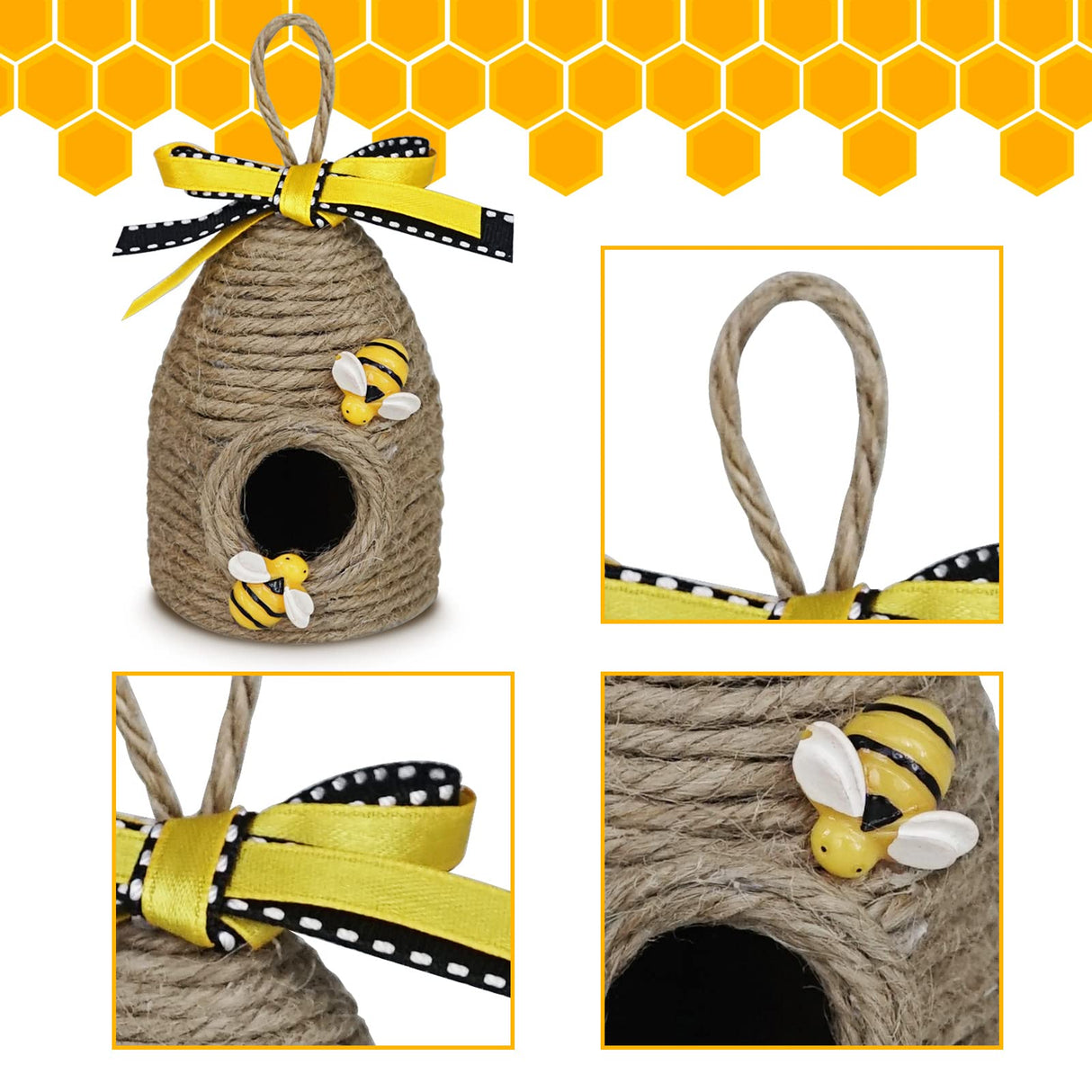 Rustic Bumble Bee Hive Decor - 3 Pack Natural Bee House, Spring/Summer Farmhouse Kitchen Table Tiered Tray Decor CRCZK