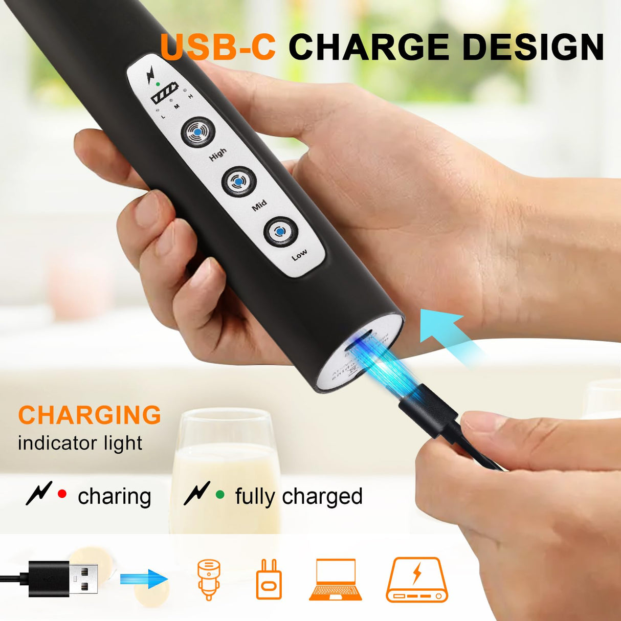 YUSWKO Black Handheld Milk Frother Wand for Coffee, Rechargeable Electric Whisk with 3 Heads 3 Speeds Drink Mixer Coffee Frother For Latte, Cappuccino, Hot Chocolate, Egg YUSWKO