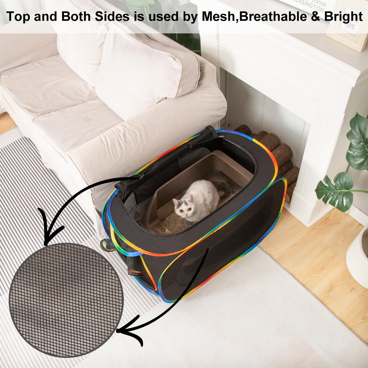 LUCKITTY Portable Cat Litter Box Enclosure, Pop Up Hidden Litter Box Furniture with Big Pocket for Living Room, Bedroom, Made by Waterproof Oxford & Breathable Mesh, Black-Rainbow, 32" L×19" W×19" H LUCKITTY