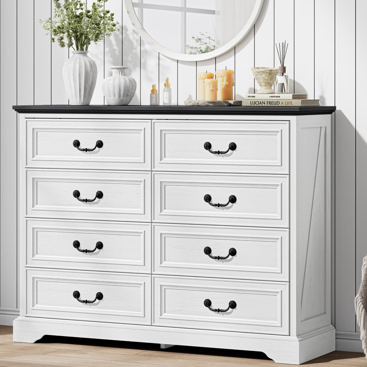LIKIMIO Farmhouse 8 Drawer Dresser for Bedroom, 52" Wide Dresser Drawers with Storage, Rustic Wooden Chest of Drawers for Bedroom, Hallway, Antique White LIKIMIO