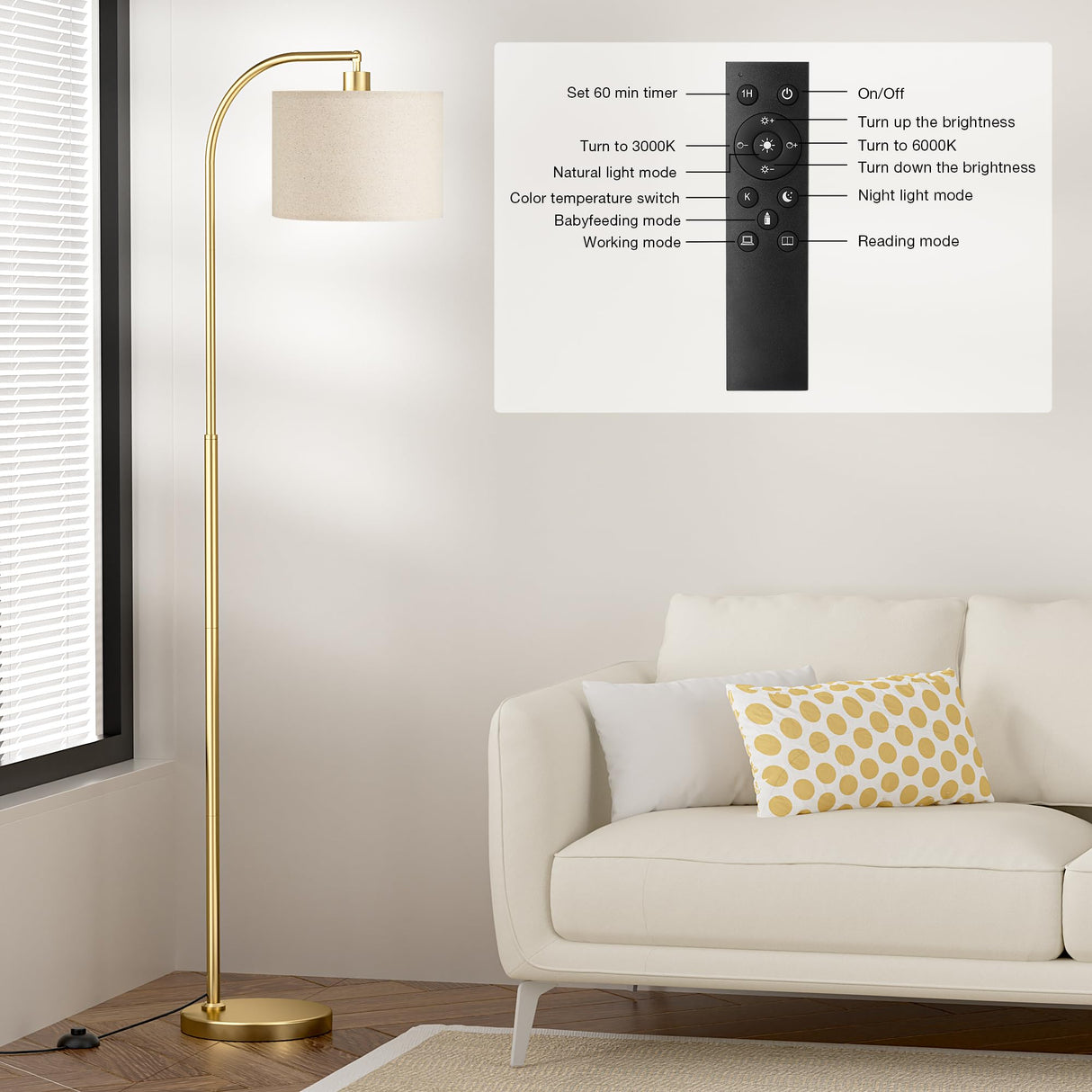 Ambimall Gold Arc Floor Lamp with Remote - Dimmable Bulb, Colors Temperature Adjustable, Easy Assembly, Modern Standing Lamp for Living Room Bedroom Office Reading Room Nursery (Beige Linen Shade) Ambimall