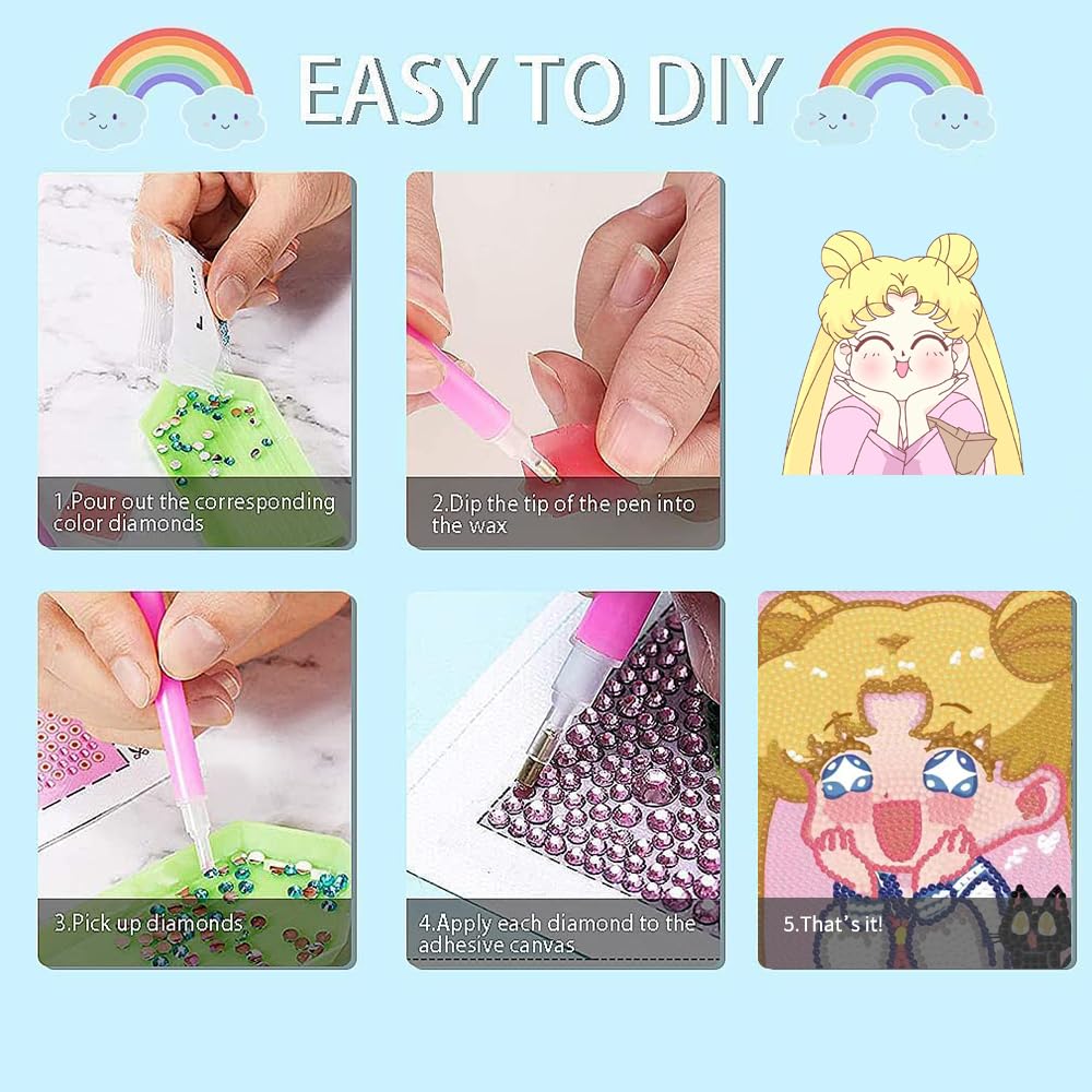 PERFECTSIGHT Cute 5D Diamond Art Kits with Wooden Frame, Kawaii DIY Painting Art for Adults Teen, Diamond Arts and Crafts Sets, Big Gem Full Drill Diamond Dots for Women Beginners (Moon) PERFECTSIGHT