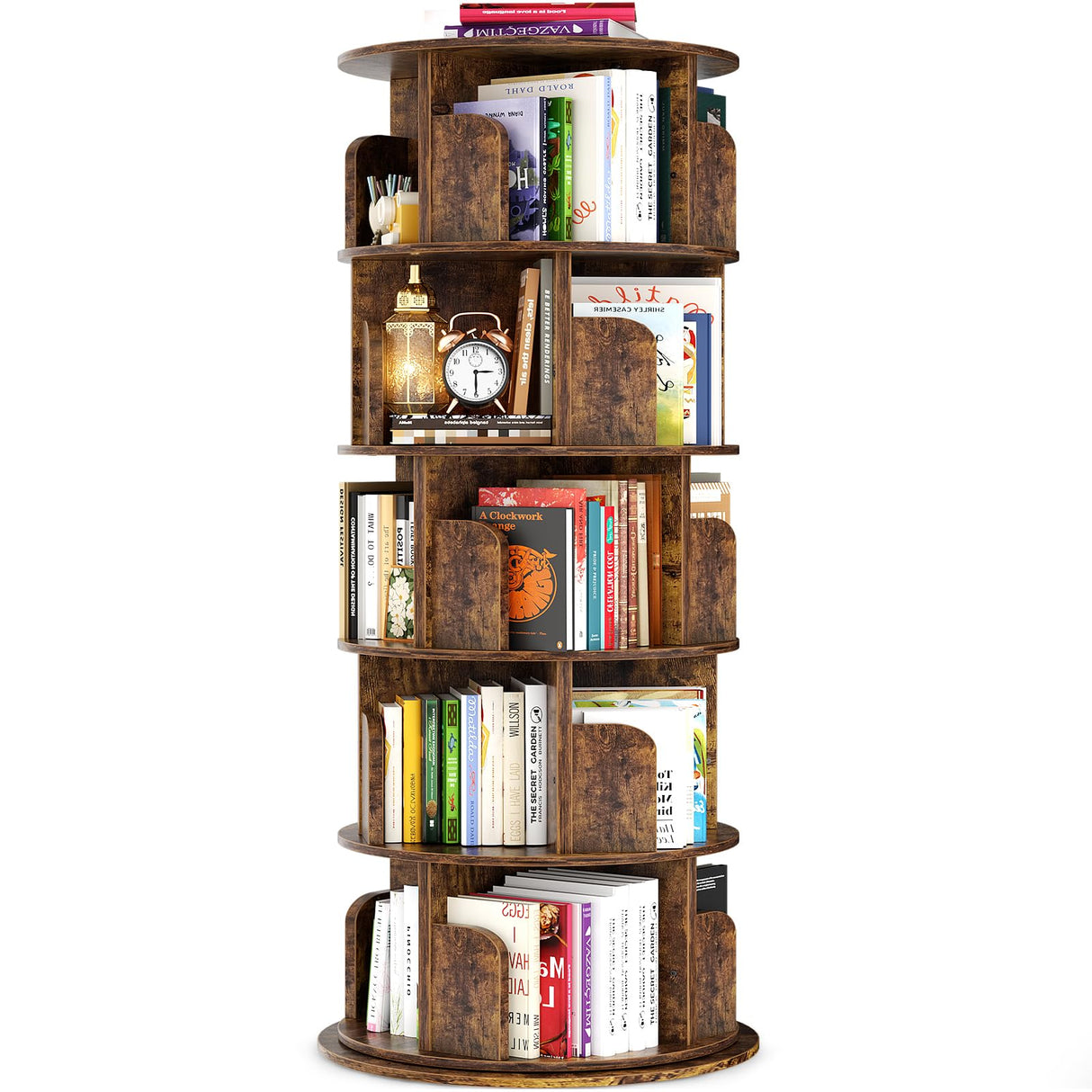 Besiost Rotating Bookshelf Tower, 5 Tier Spinning Bookcase, Revolving 360 Book Shelf Narrow Tall Bookcase, Vertical Turning Round Bookshelf Organizer, Corner Book Shelf for Small Space, Rustic Brown Besiost
