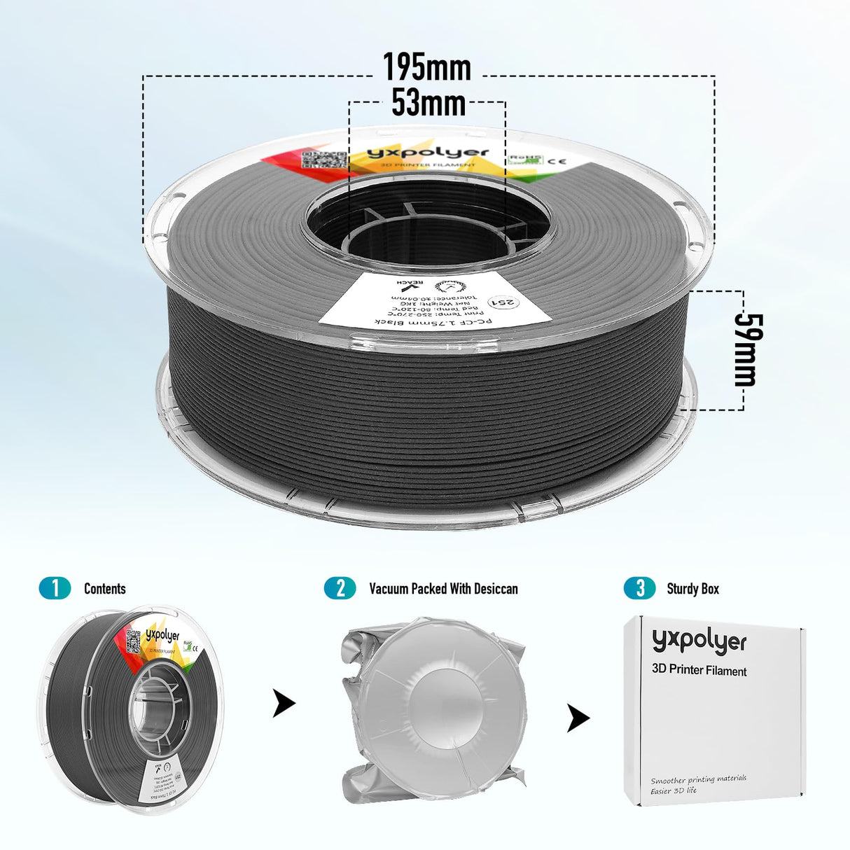 YXPOLYER PC-CF Filament Polycarbonate PC Carbon Fiber Engineering-Grade Filament 1.75mm 1kg with Reusable High-Heat Tolerant Spool yxpolyer