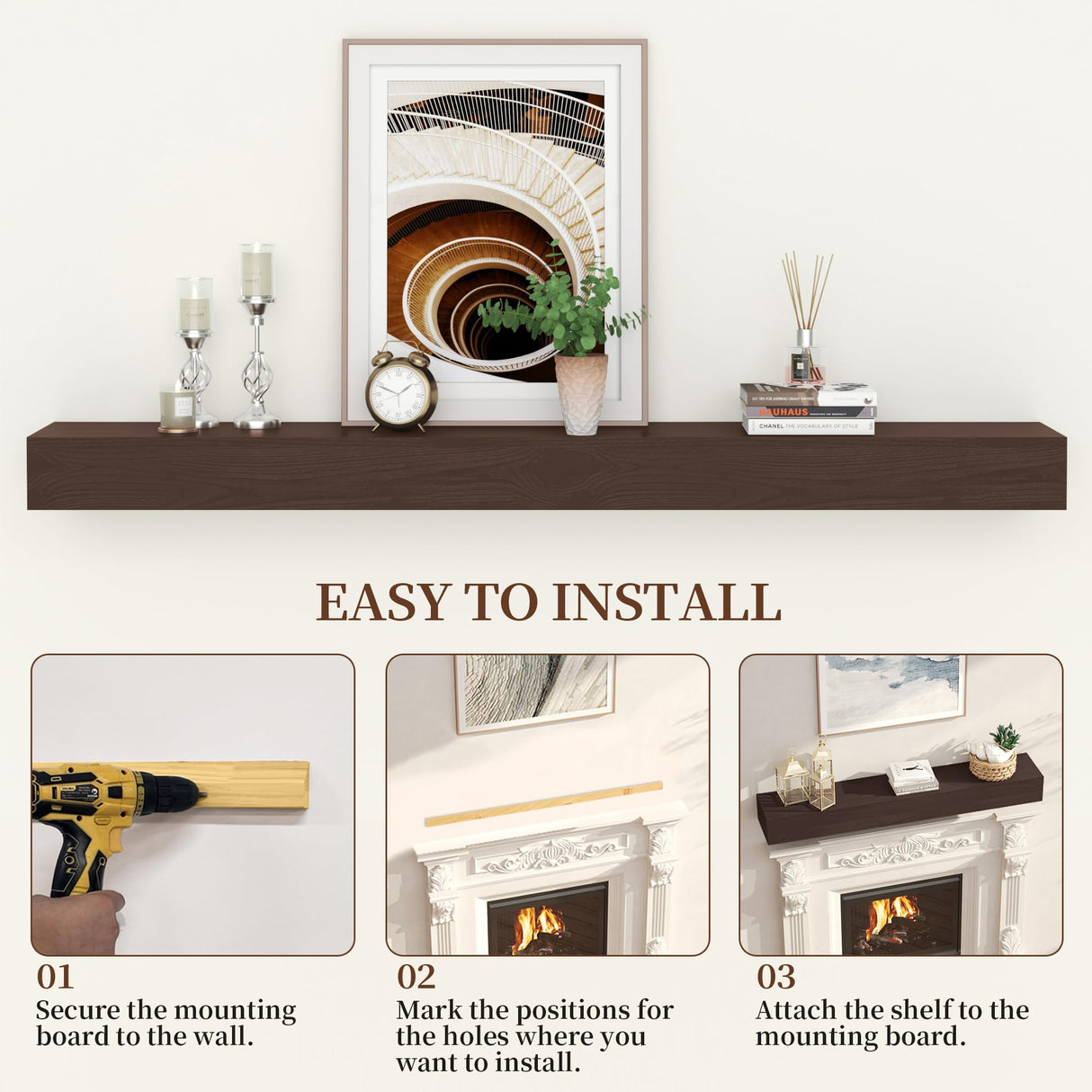 CRAFTEASE Fireplace Mantel 72 Inch Solid Wood Mantels for Over Fireplace 5" Thick Wall Mounted Shelves Long Floating Farmhouse Shelf Handcrafted Wooden Fireplace Mantle 72 X 8 X 5 - Rustic Brown CRAFTEASE