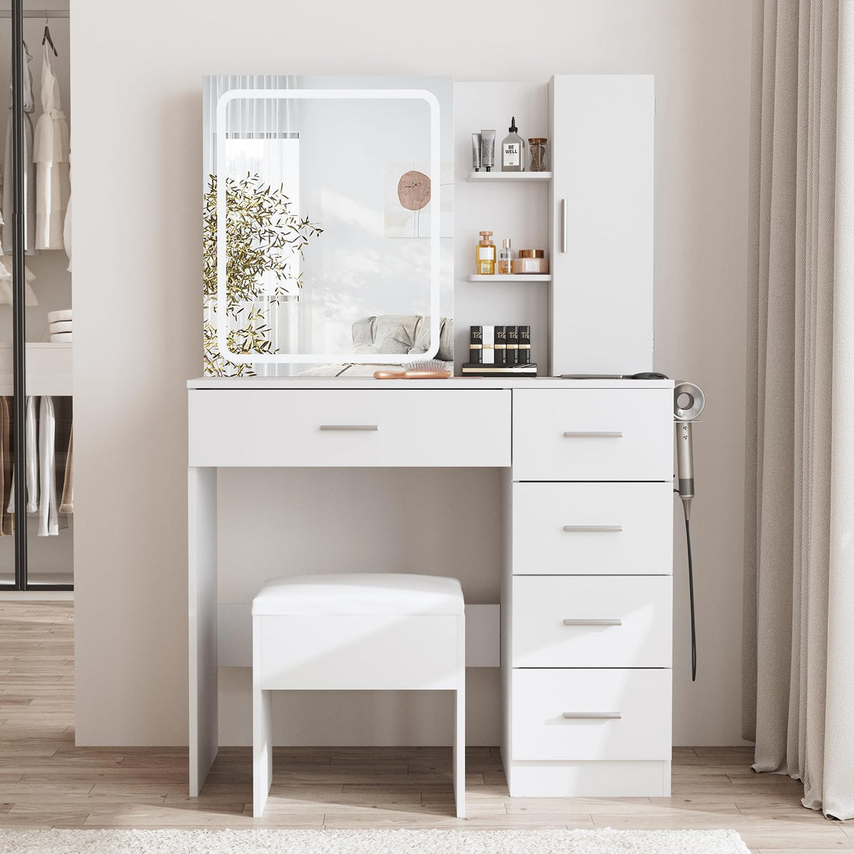 Fameill White Vanity Desk with Mirror and Lights,Makeup Vanity Table Set with Power Strip and Sliding Locker,Visual Drawer Makeup Desk with 5 Drawers&Shelves&Cabinet,3 Lighting Modes Fameill