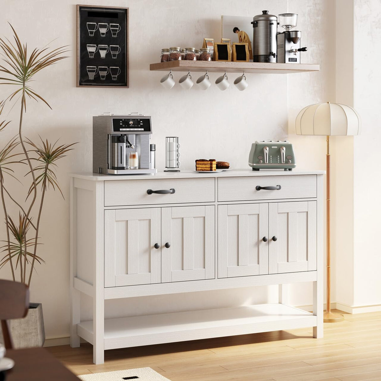 Gizoon 47'' Buffet Sideboard Cabinet with Storage, Modern Farmhouse Coffee Bar with 2 Drawers and Doors, Entryway Table with Shelf for Living Room, Kitchen and Hallway Gizoon