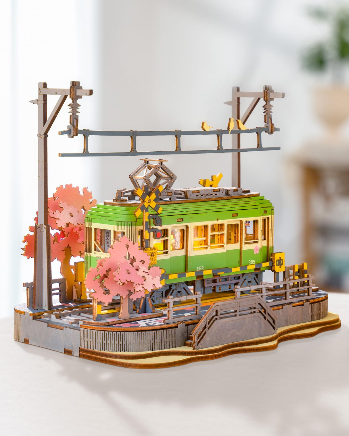 Rolife 3D Wooden Puzzle for Adults, Sakura Journey Tram DIY Model Building Kits with LED Lights, Creative Kids Craft Hobby Gift and Brain Teaser Home Decor Assembly Toy Rolife