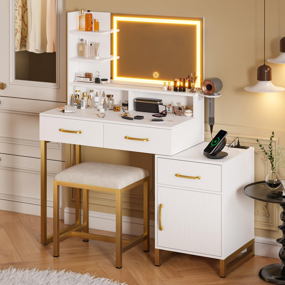 REVOMINCA Vanity Desk with Mirror and Lights, Modern Makeup Vanity with Charging Station, White & Gold Vanity Table with 3 Drawers & Cabinet, 3 Lighting Modes Brightness Adjustable, Bedroom REVOMINCA