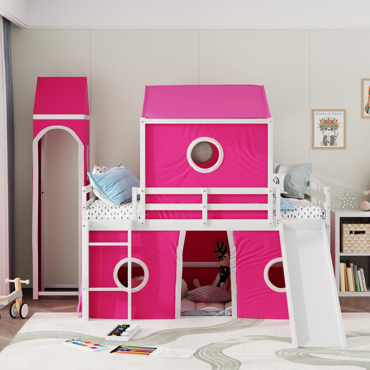 Ball & Cast Full Size Loft Bed with Slide and Tower,Loftkbed w/Ladder & Full-Length Guardrails,Slat Support,No Box Spring Needed,Space Saving,Slat Support,Bedframe for Child's Bedroom,Pink Ball & Cast