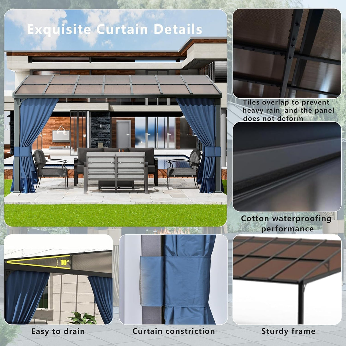 10x14FT Gazebo, Hardtop Wall Mounted Gazebo with Sloping Sun Panel Roof, Awnings for Patio with Metal Frame, Double Curtains for Garden, Lawn, Backyard Deck, Sand ASJMR