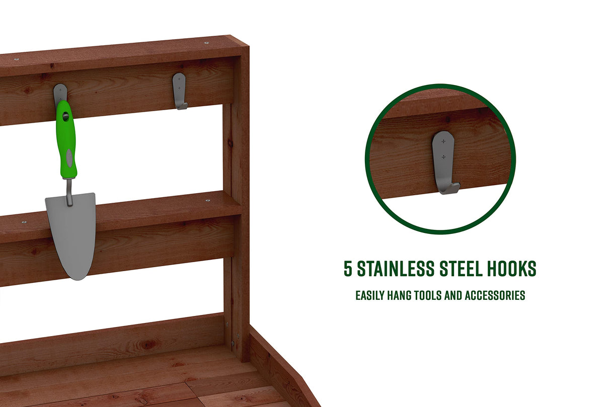 Vita 46 inch x 20 inch x 58 inch Cedar Wood Potting Bench, Dark Brown, FSC, Pre-Stained, Storage Shelf, Work Basin, Hooks, VT17744 Vita