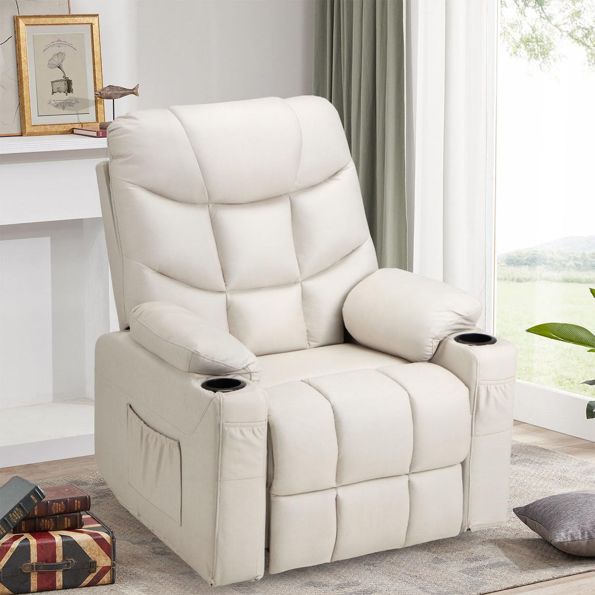 Esright Power Lift Recliner for Elderly, Electric Lift Chair with Heated Vibration Massage,Heavy Duty Electric Recliner with Side Pockets, USB Charge Port & Cup Holders, Cream Beige Esright