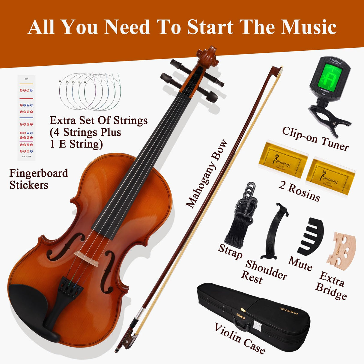 PHOENIX Violin 4/4 Full Size Kit, Violin Fiddle Set for Beginner Adults Student with Rosewood Bow, Extra Strings & Bridge, 2 Rosins, Tuner, Case, Mute, Fingerboard Stickers, Shoulder Rest (Full) PHOENIX