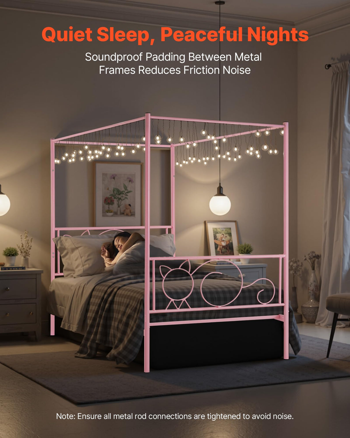 VEVOR Canopy Bed Frame Twin Size, Metal Canopy Bed with Minimalist Headboard & Four Posters Design, Heavy Duty Steel Slats Support, Underbed Storage Space, No Box Spring Needed, Easy Assembly, Pink VEVOR