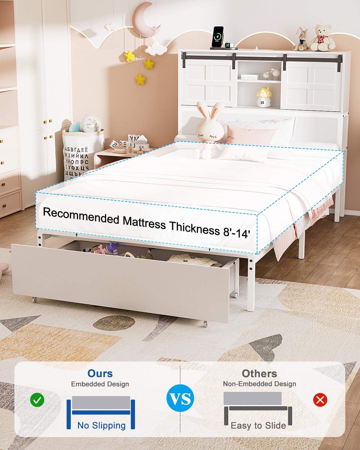 LegacyAmerhome Twin Size Bed Frame, Wooden Storage Headboard with Drawers, 3-in-1 Charging Hub & Nightstand, Strong Metal Slats, No Box Spring Required (White, Twin) LegacyAmerhome