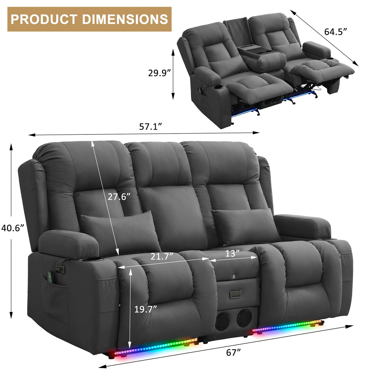 URRED Loveseat Recliner Sofa with Massage and Heat, Power Reclining Loveseat Sofa RV Couch with Console, Home Theater Seating with LED Lights, Bluetooth Speakers, USB, Outlets, Leathaire, Gray URRED