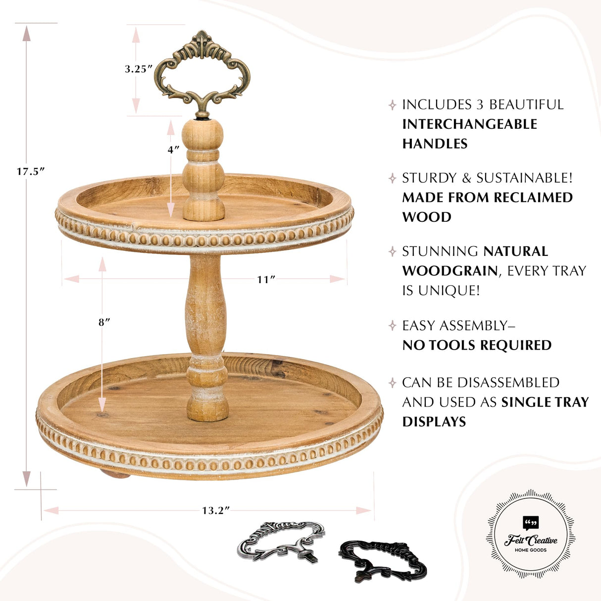 2 Tiered Tray Wooden Serving Stand by Felt Creative Home Goods. Small Beaded Tray for Home Decor Display Farmhouse Country Decoration Kitchen or Dining. Includes 3 Finial Custom Handles (Brown) Felt Creative Home Goods