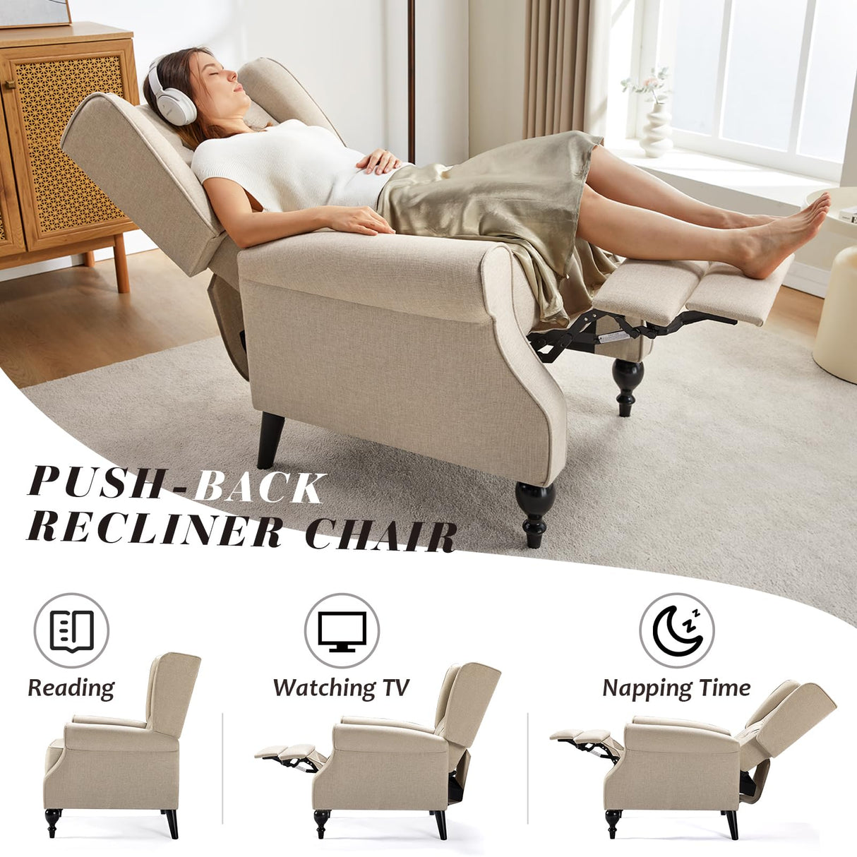 Jocisland Recliner Chair, Accent Wingback Chairs for Adults Living Room Bedroom, Small Tufted Push Back Club Single Sofa Armchair (Beige) Jocisland