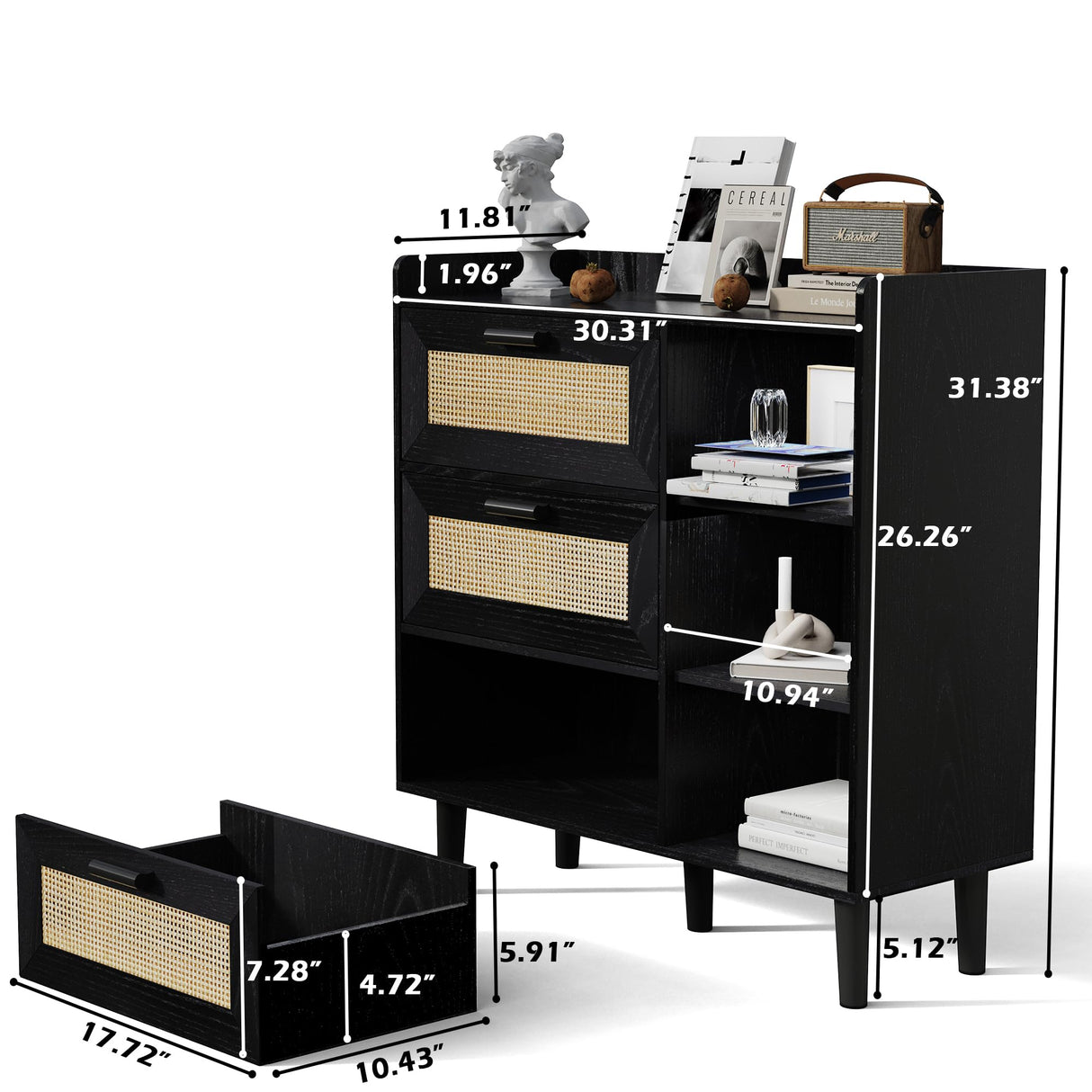 Hiwelldas Dresser Storage Cabinet with 3 Rattan Drawers & Adjustable Shelf Boho Bathroom Cabinet Large Chest of Dressers for Bedroom, Living Room, Hallway, Entryway (Black) Hiwelldas